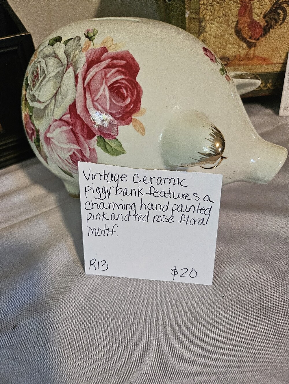 Hand-Painted Floral Ceramic Piggy Bank - Pink & Red Roses